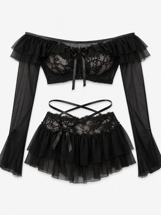 Other - Sexy Black Lace Mesh Babydoll Lingerie Set Ruffle Trim Sheer See Through Nightwe